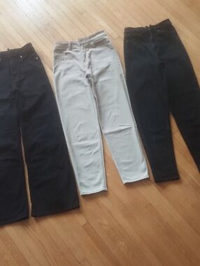 Three pairs of high-rise jeans - black Tapered, Wide leg & biege Straight, size2